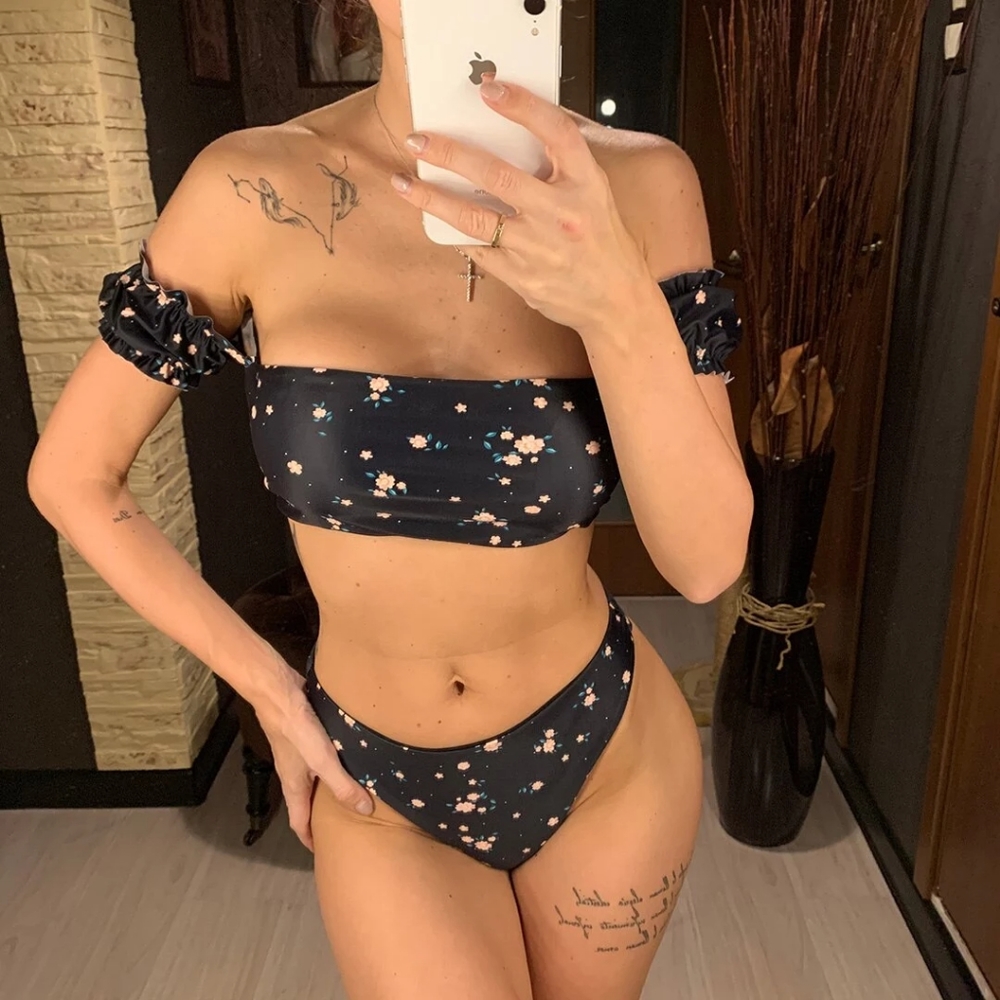 Black Boho Off Shoulder Bandeau High Waist Bikini - Picture 3 of 10